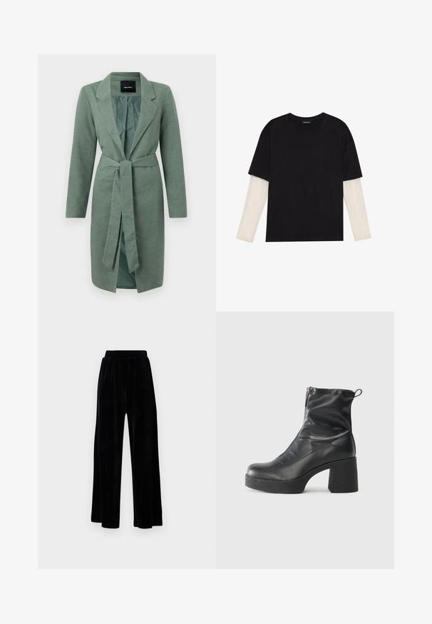 Zaļš teksturēts mētelis ar garām piedurknēm, ar izgriezumu apkaklē un pašsaišamu jostu viduklī. Atvērta priekšpuse ar kontrastējošu iekšējo odere.; Melna kokvilnas T-kreklu ar īsām piedurknēm, virs baltas garām piedurknēm ar smalku teksturētu rakstu. Apaļas kakla izgriezuma dizains.; Melni platajā stila bikses, izgatavotas no mīksta samta, ar elastīgu jostu un gludu tekstūru, bez redzamām detaļām vai rakstiem.; Melni potītes zābaki, kas izgatavoti no gludas ādas, ar sānu rāvējslēdzēju, masīvu strukturētu papēdi un noapaļotu purngalu.