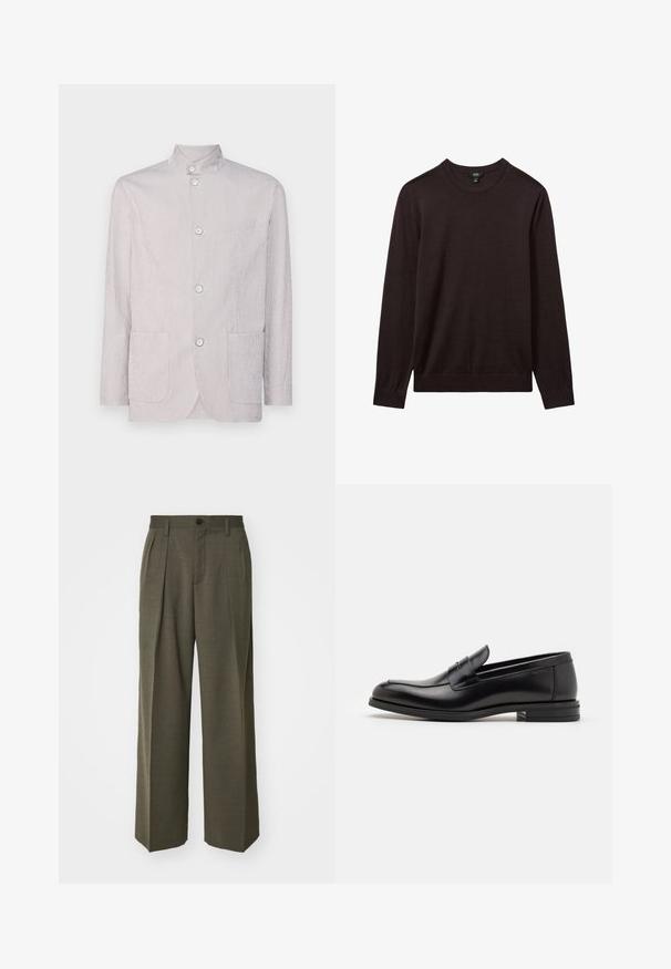 Ljusgrå randig jacka med mandarinkrage, tre knappar, två framfickor och en texturerad yta.; Reiss Stickad tröja - dark bordeaux; Filippa K WIDE TROUSERS - Tygbyxor - driftwood; Svarta läderloafers med en slät yta, rund tå och ett dekorativt band över främre delen. Låg staplad klack, minimalistisk design.