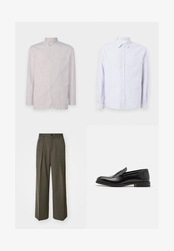 Világosszürke csíkos zakó mandarin gallérral, három gombbal, két elülső zsebbel és texturált anyagú felülettel.; Csíkos, világoskék és fehér gombos ing. Jellemzői: hegyes gallér, hosszú ujjú, és egyetlen mellzseb. Pamut anyag.; Filippa K WIDE TROUSERS - Nadrágok - driftwood; Fekete bőr loaferek sima textúrával, kerek orral és dekoratív pánttal a vampnál. Alacsony, rétegelt sarkú, minimalista dizájn.