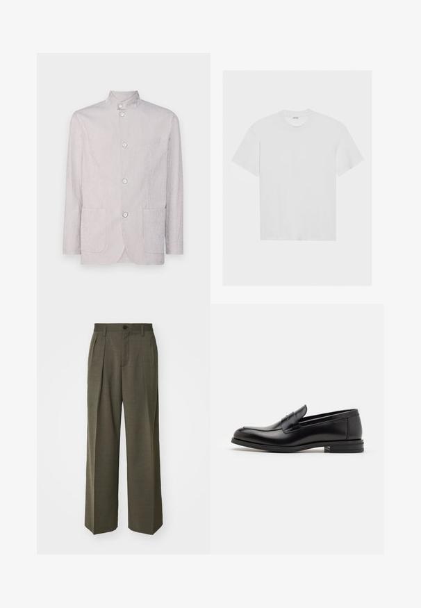 Veste rayée gris clair avec col mandarin, trois boutons, deux poches avant et une finition en tissu texturé.; T-shirt en coton blanc à manches courtes, col rond et coupe décontractée. Texture lisse et sans motifs ni accents visibles.; Filippa K WIDE TROUSERS - Pantalon classique - driftwood; Mocassins en cuir noir avec une texture lisse, bout rond et une sangle décorative sur le dessus. Talon bas empilé, design minimaliste.