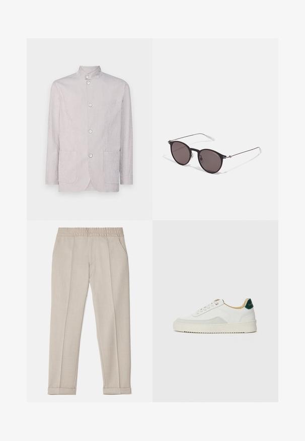 Heledhallist triibuline jakk mandariinikaelusega, kolme nupuga, kahe esitaskuga ja tekstuurse kangastekstuuriga.; Must must T-särk, millel on ümmargune kaelus, lühikesed варст и väljend "EMPORIO ARMANI" valgete tähtedega, mille all on kõveras kujunduses sõna "Milano".; Filippa K TERRY CROPPED TROUSERS - Püksid - sage melange; Valged tennisjalanõud, millel on sametised aktsendid, ümar varvas, lame nöörid ja kreemjas kummine põhja. Hästi nähtav roheline bränding kannal.; Mustad mustad prillid tumedate läätsedega ja õhukeste metallist käepidemetega. Kaarja kujuga seljaosa ja hõbedased aktsendid hingel. Minimalistlik disain.