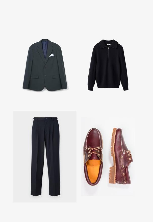 Dunkelgrüne be tailored Jacke mit Reverskragen, zwei Fronttaschen und einem weißen Taschentuch. Glatte Textur und einknopf-Verschluss.; Schwarzer gestrickter Pullover mit einem gerippten Textur, einem breiten Kragen und einem halblangen Reißverschluss an der Vorderseite. Lange Ärmel und eine lockere Passform.; Hellblaues Hemd mit langen Ärmeln, einem spitzen Kragen und weißen Knöpfen. Verfügt über ein gemustertes Innenfutter am Kragen. Glatte Stofftextur.; Marineblaue Hosen aus einem glatten Stoff, mit geradem Schnitt, gefaltetem Vorderteil und einem Knopfverschluss an der Taille.; Bordeauxfarbene Lederschuhe mit braunen Gummisohlen, runder Zehenform, weißen Nähten und goldenen Ösen. Das Innenfutter weist eine gelbe Beschichtung auf.