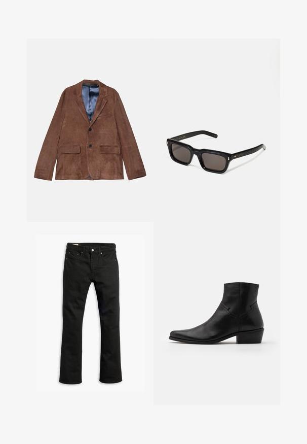 Bruine suede blazer met een geknipt revers, twee voorzakken, één borstzak en een satijnen blauwe voering; voorzien van twee zwarte knopen.; Beige lange mouw crewneck sweatshirt, gemaakt van zacht materiaal, met ribgebreide manchetten en zoom, met een gladde textuur en minimalistisch ontwerp.; Zwarte denim jeans met een recht gesneden ontwerp, vijf zakken, metalen knoopsluiting en subtiele stikseldetails. Gladde textuur en effen kleur.; Zwarte leren enkellaars met een spitse neus, minimale stiksels, een middellange blokhak en een gladde, gepolijste afwerking.; Zwarte rechthoekige zonnebril met donkere lenzen, een dik plastic montuur, gouden accenten op de veren en het merkembleem gegraveerd op de arm.