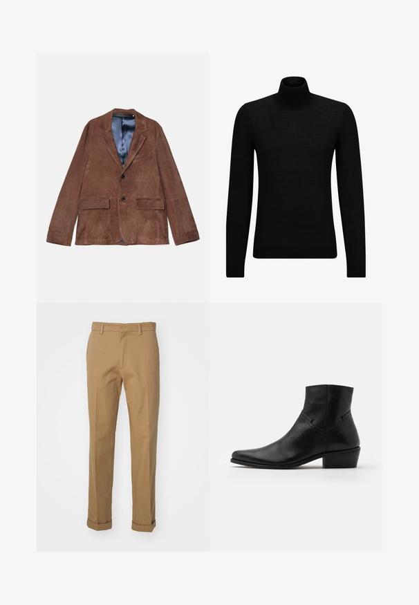 Brauner Wildleder-Blazer mit geschlitztem Revers, zwei Fronttaschen, einer Brusttasche und satinblauer Fütterung; verfügt über zwei schwarze Knöpfe.; Schwarzer Rollkragenpullover aus weichem Material mit langen Ärmeln und enger Passform. Rippbesatz am Saum und an den Bündchen. Einfaches Design.; Braune Baumwollhosen mit geradem Schnitt, unter anderem mit umgeschlagenem Saum, zwei Vordertaschen und einer glatten Textur.; Schwarze Leder-Ankle-Boots mit spitzer Zehenpartie, minimalen Nähdetails, einem mittelhohen Blockabsatz und einer glatten, polierten Oberfläche.