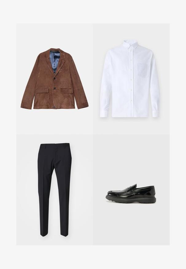 Brun ruskindsblazer med notched lapel, to frontlommer, en brystlomme og satinblå foering; har to sorte knapper.; Hvid langærmet skjorte med knapper lavet af bomuld, med en brystlomme med tonal broderi, krave og knapmanchetter.; Mørkeblå bukser med slim fit. Fremstillet af glat, struktureret stof, med flad front, bæltestropper og sidelommer.; Sort læderloafer med en blank finish, rund tå, subtile syninger og en tyk gummisål for holdbarhed.