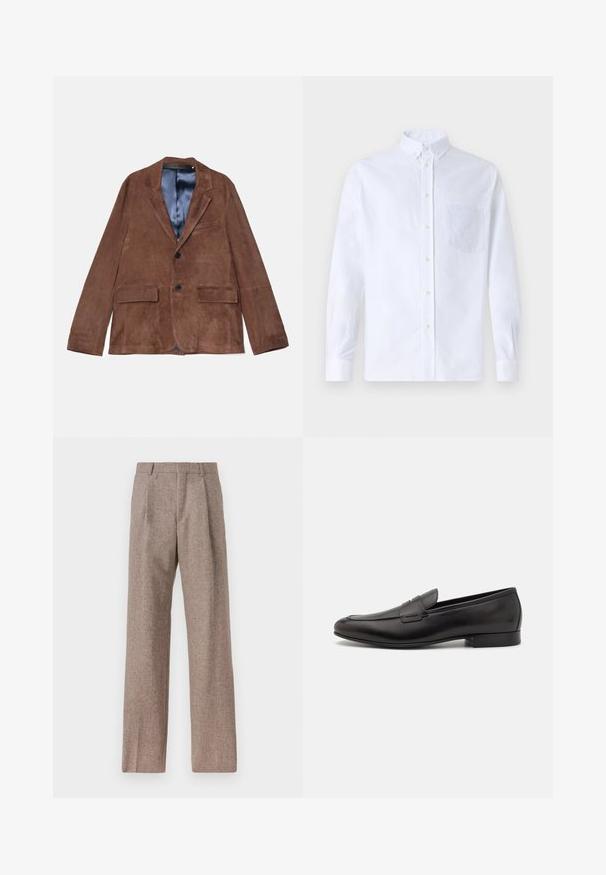 Pruunist sametist bleiser, millel on nurgeline krae, kaks esipocketit, üks rinnaema pocket ning sädeleva sinise voodriga; omaduseks on kaks musta nööpi.; Valge pikamaa varrukatega nööbiga särk, mis on valmistatud puuvillast ja millel on rinna tasku toon-toonis brodeeringuga, krae ja nööbiga mansetid.; Prunnid, kõrge vöökohaga püksid, mis on valmistatud tekstureeritud kangast. Omavad laiu jalgu ja kahte eesmist voldikut struktuuri jaoks. Korralik viimistlus, ilma nähtava riistvarata.; Mustad mustad nahast loafers, millel on voolujooneline disain, ümar varvas ja madal virnatud konts. Ülemisel osal on dekoratiivne õmblusdetail.