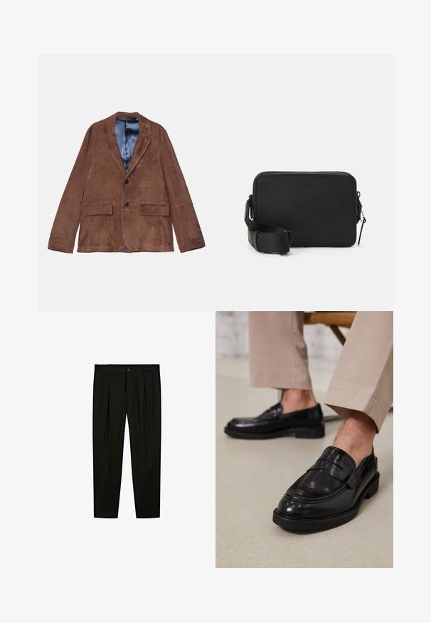 Hnědý semišový blazer s klopou, dvěma předními kapsami, jednou kapsou na prsou a saténovou modrou podšívkou; obsahuje dva černé knoflíky.; Černé polo tričko s krátkým rukávem, stojatým límečkem a předním zipem. Vyrobeno z hladké tkaniny s čistým, minimalistickým designem.; Černé oblekové kalhoty vyrobené z hladké tkaniny. Mezi další vlastnosti patří rovný přední díl, široké nohavice a zapínání na knoflík v pase.; Černé kožené loafers s hladkým povrchem, zdobené páskem a kontrastním prošíváním, spárované s béžovými kalhotami.; Černá kožená taška přes rameno s texturovaným povrchem, obdélníkovým tvarem, horním zipem a nastavitelným popruhem. Obsahuje jemné značení.