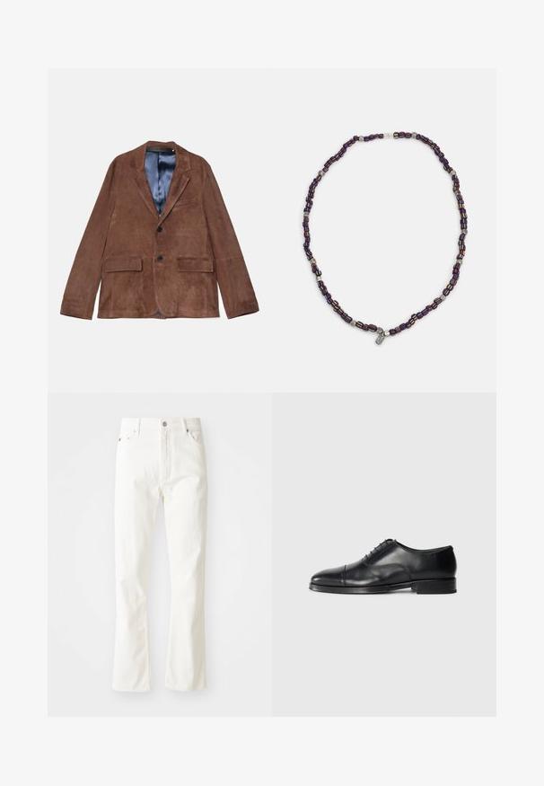 Bruine suede blazer met een geknipt revers, twee voorzakken, één borstzak en een satijnen blauwe voering; voorzien van twee zwarte knopen.; Donkerblauwe t-shirt met korte mouwen, gemaakt van zachte stof, met een ronde halslijn en een klein, donker logo op de borst.; Witte denim flared jeans met een hoge taille, voordeceinturen en zilveren hardware. De stof heeft een gladde textuur met subtiele stikseldetails.; Zwarte leren dresschoenen met een ronde neus, een gladde textuur, vetersluiting en een subtiele naaddetail, met een lage, platte hak.; Multikleurige kralenketting met donkerblauwe, rode en gele kralen, afgewisseld met zilveren accenten en een hangende charme.