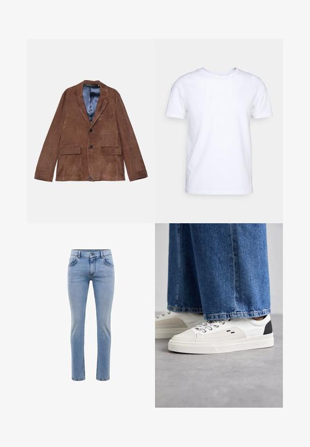 Blazer in suede marrone con revers a punta, due tasche anteriori, una tasca sul petto e foderato in blu satin; presenta due bottoni neri.; T-shirt bianca a maniche corte in cotone con scollatura rotonda. Design semplice senza fantasie o accenti. Texture liscia.; Jeans in denim blu chiaro con vestibilità slim, cinque tasche e design a gamba dritta. Presenta un'apertura con zip e passanti per cintura. Texture morbida.; Sneaker bianche e nere con parte superiore in pelle liscia, dettagli testurizzati e suola bianca spessa. Presentano un classico design con lacci.
