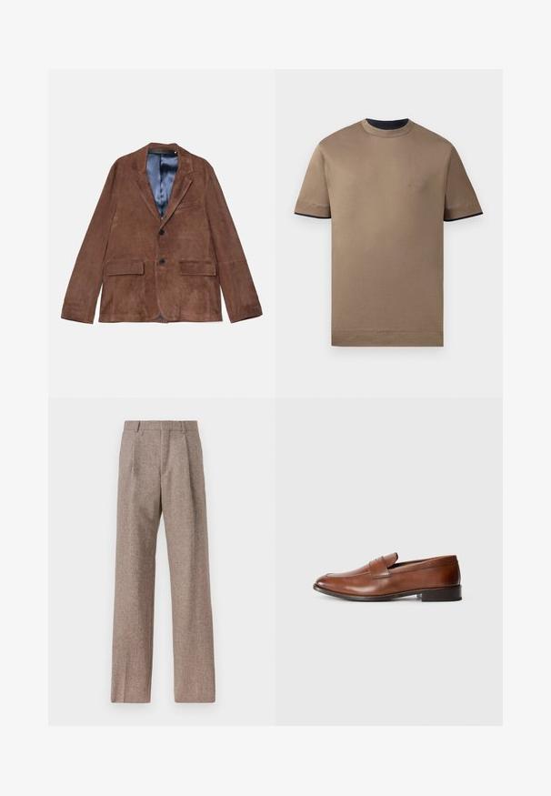 Blazer en daim marron avec un col cranté, deux poches avant, une poche poitrine et une doublure en satin bleu ; présente deux boutons noirs.; T-shirt marron à manches courtes en coton. Doté d'un col rond et d'un logo brodé sur la poitrine. L'ourlet et les bords des manches sont bordés de bleu marine.; Pantalons marron taille haute en tissu texturé. Présente des jambes larges et deux plis avant pour la structure. Finition soignée sans matériel visible.; Mocassins en cuir marron avec un bout rond, des coutures minimales et un petit talon carré. Présente une sangle décorative sur le devant.