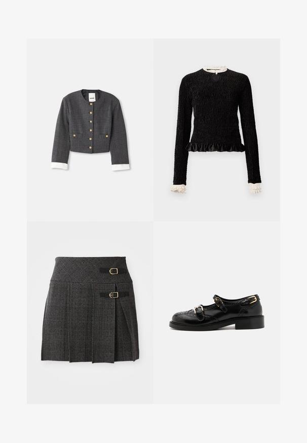 Beskåret grå plaidjakke med gyldne knapper, hvide manchetter, rund halsudskæring og to forlommer. Foret inderside.; Sort langærmet top med struktureret stof, flæset kant og hvide flæsede detaljer ved kraven og manchetterne. Har en centralt loopet lukning.; Grå plaid nederdel med en tætsiddende talje, der har dobbelt spænde og plisseringer. Fremstillet af tekstureret stof med et vævet design.; Sorte lædersko med brogue-detaljer, der har to spænder, rund tå og lav hæl. Glat tekstur med blank finish.