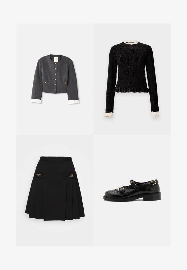 Przycięta szara kurtka w kratę z złotymi guzikami, białymi akcentami na mankietach, okrągłym dekoltem i dwiema przednimi kieszeniami. Podszewka wewnętrzna.; Czarny top z długim rękawem, z teksturowanej tkaniny, z falbaną na dolnym brzegu oraz białymi falbankami przy kołnierzyku i mankietach. Posiada centralne zapięcie na pętelkę.; Czarna plisowana spódnica z złotymi akcentami. Posiada boczne kieszenie z logo, wykonana z gładkiego materiału. Sylwetka w kształcie litery A.; Czarne skórzane buty z detalami brogu, z dwoma klamrami, okrągłym noskiem i niskim obcasem. Gładka tekstura z błyszczącym wykończeniem.