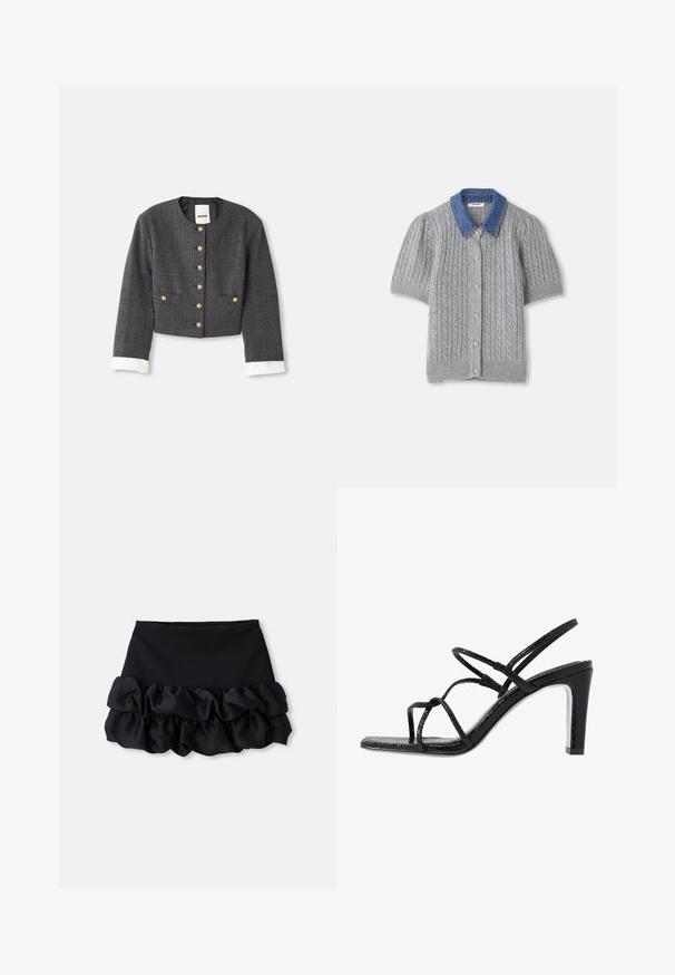 Zkrácená šedá kostkovaná bunda se zlatými knoflíky, bílými akcenty na cuffech, kulatým výstřihem a dvěma předními kapsami. Podšívkový interiér.; Šedý pletený cardigan s krátkým rukávem a vzorem kabel, s denimovým límcem a pěti zlatými knoflíky v přední části.; Černá mini sukně s upnutým topem a třemi vrstvami volánkového materiálu na spodní části, s hladkou texturou a čistými liniemi.; Černé sandály na podpatku s tenkými pásky, strukturovaným povrchem, otevřenou špičkou a elegantním, špičatým designem podpatku. Obsahují hladkou stélku a lesklý povrch.