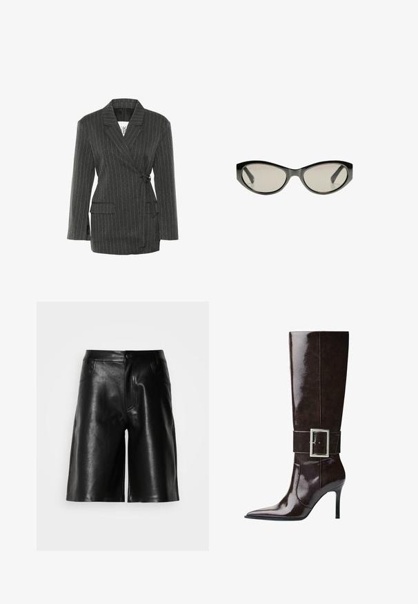Blazer a righe grigio scuro con design avvolgente, maniche lunghe e due tasche frontali; presenta una cintura in vita e un colletto strutturato.; Maglione grigio corto realizzato in materiale morbido e peluche. Presenta maniche lunghe e un collo tondo, con una texture liscia e leggera.; Top a maniche corte, di un color crema chiaro con collo rotondo, realizzato in tessuto morbido. Presenta una vestibilità comoda e una consistenza liscia, adatto per essere indossato a strati.; Shorts neri in pelle con una texture liscia, dotati di tasche anteriori, patta con zip e una vestibilità sartoriale.; Stivale in morbida pelle marrone scuro, alto fino al ginocchio, con punta affusolata, tacco a stiletto e ampia fascia con grande fibbia rettangolare in argento.; Occhiali da sole neri a forma di occhio di gatto con lenti grigie. La montatura in plastica presenta bordi affilati e una finitura liscia e lucida.