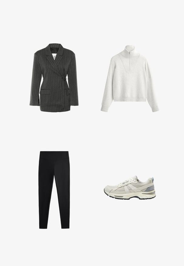 Sacou cu dungi fine de culoare gri închis, cu un design înfășurat, mâneci lungi și două buzunare frontale; are o panglică la talie și un guler structurat.; Hanorac gri deschis cu guler înalt, având un fermoar la jumătate și o textură ribbed. Formă dreptunghiulară cu umeri căzuți și un design structurat.; Colanți negri realizați dintr-un material neted și elastic. Prezintă o talie lată și un design cu picioare conice, potriviți pentru activități sportive sau purtat casual.; Pantof sportiv bej cu partea superioară din plasă texturată și accente netede. Dispune de o talpă amortizată, vârf întărit și talpă exterioară din cauciuc negru.