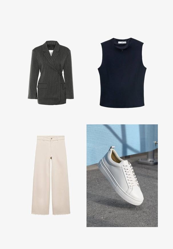 Dark gray pinstripe blazer with a wrap design, long sleeves, and two front pockets; features a tie at the waist and a structured collar.; Navy sleeveless top with high neckline, made of smooth fabric. Features concealed zipper and vertical seams for tailored fit.; Beige wide-leg jeans with a high waist, featuring a button closure, front pockets, and frayed hem. Made of denim fabric.; White leather sneaker with flat laces, rounded toe, rubber outsole, and a small pull tab at the heel. Smooth texture with minimal design details.