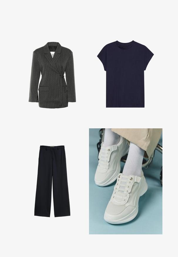 Tmavosivý pruhovaný blazer s obálkovým dizajnom, dlhými rukávmi a dvoma prednými vreckami; obsahuje opasok v oblasti pása a štruktúrovaný golier.; Námornícky modré bavlnené tričko s okrúhlym výstrihom a krátkymi rukávmi, s voľným strihom a hladkou textúrou. Bez vzorov alebo detailov.; Široké nohavice z tmavomodrej tkaniny s plochým pásom, pútkami na opasok a dvoma bočnými vreckami. Hladká textura bez vzorov.; Biele tenisky s materiálom z mlátenice, gumovou podrážkou, bezšnúrovým dizajnom s elastickými pásikmi a pozlátenými akcentmi.