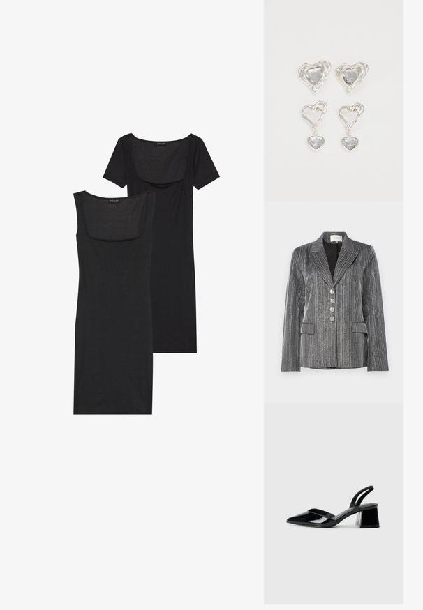 YAS YASKAMO SHOW - Blazer - black/silver; Vestido negro ajustado con escote cuadrado, mangas cortas y textura acanalada. Se muestran dos variaciones: tonos negro claro y negro más intenso.; Zapatos de tacón slingback de charol negro con punta afilada y tacón geométrico en bloque. Presentan un diseño elegante y minimalista, así como una textura suave.; Pendientes en forma de corazón plateados que presentan piedras claras facetadas, con un marco texturizado. El conjunto incluye estilos de perno y tipo gota.