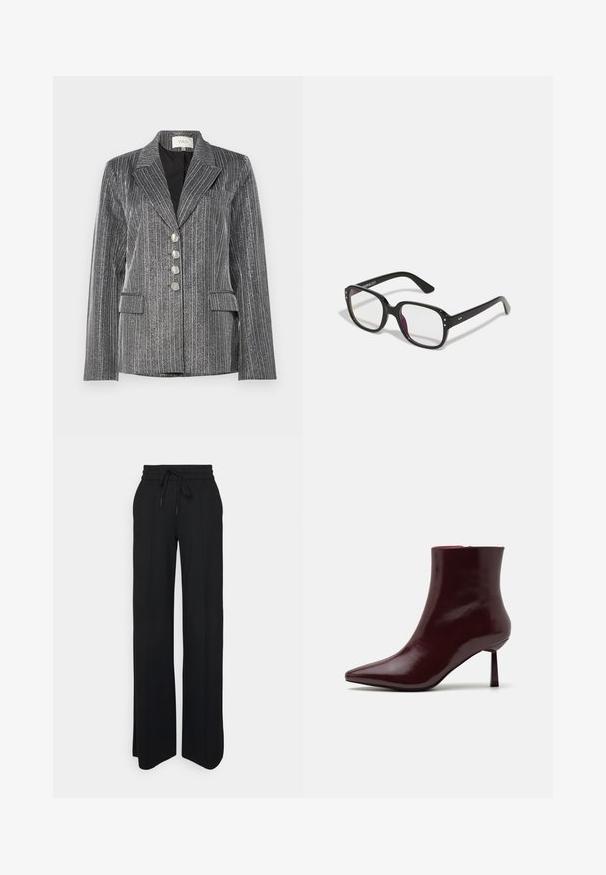 YAS YASKAMO SHOW - Bleiser - black/silver; Olive roheline kudum, ümara kaelusega, langenud õlgadega ja ribakujuliste varrukate otstega. Kangas näeb välja pehme, kerge tekstuuriga.; Mustad laiad püksid, mis on valmistatud pehmest kangast. Omab elastset vöökohta koos paelaga, puhtaid jooni ning ei sisalda nähtavaid mustreid ega aktsente.; Burgundi patendnahast pahklu saapad terava ninaga ja slim stilettokanna, millel on sile ja läikiv tekstuur ning minimalistlik disain.; Mustad mustad prillid selgete läätsedega, ringikujuliste servade ja külgaktsentidega, läikiva viimistlusega raami ja kätega.