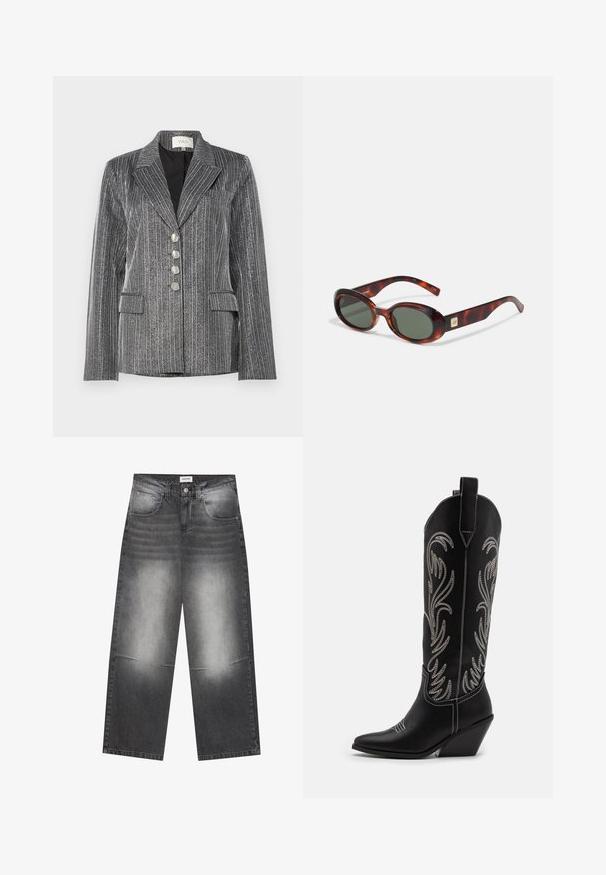 YAS YASKAMO SHOW - Suknjič - black/silver; Bela kratka majica s kratkimi rokavi iz gladkega materiala, ki ima okroglo ovratnico in subtilne šive na robu.; Široke črne usnjene kavbojke z bledim sivim zaključkom, ki imajo sprednje žepke, gumbasto zapiranje in rahlo poškodbe na kolenih.; Črne usnjene kavbojske čevlje s koničastimi prsti, klinastimi petami in srebrnimi vezeninami cvetnega vzorca po vsej dolžini. Kontrastno šivanje povsod.; Svetlo-rjava sončna očala v obliki ovala z temnimi lečami in širokimi ročaji. Imajo majhen zlat detajl na strani. Gladek plastičen material.