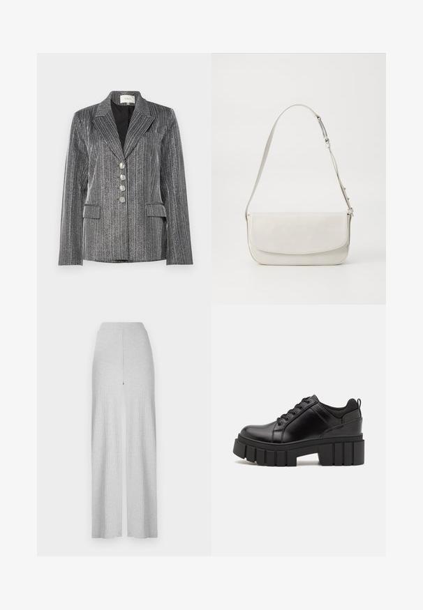 YAS YASKAMO SHOW - Bleiser - black/silver; Helebeežist puuvillane T-särk, millel on pruun graafikaprint kahest liikumises ratsutajast. Ringkaelus ja lühikeste varrukatega.; Heledad hallhalli ribatatud lai jalataskud kõrge vöökoht ja ees olev lõhe. Valmistatud pehmest kangast, millel on sile tekstuur.; Must musta platvormsussid paksu plokkninal, ümmarguse varbaga ja traditsioonilise nööridega kinnitamisega. Sussid on sileda tekstuuriga ja minimaalsete detailidega.; Valge nahast õlavarre kott, millel on sile viimistlus, ristkülikukujuline kuju, klapiga sulgemine ja reguleeritav rihm. Lihtne tikand