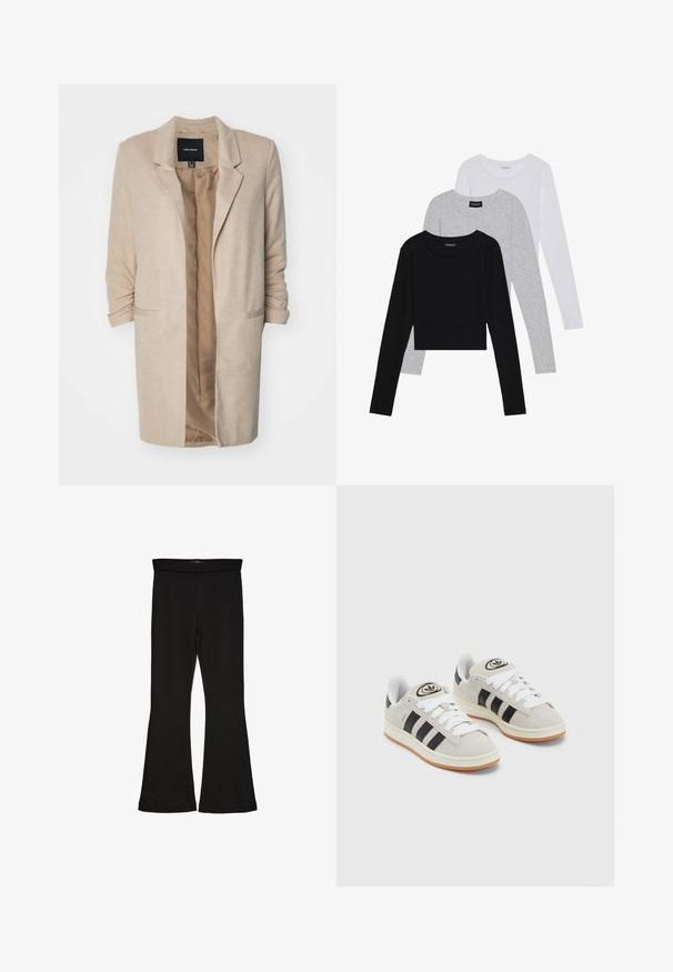 Beige bleiseri, jossa on rakenteellinen kangas, yksinapainen kiinnitys ja avoin etuosa. Mukana kaksi sivutaskua ja käännetyt hihat. Sisävuori kevyemmässä sävyssä.; Kolme pitkähihasta paita päällekkäin: musta, harmaa ja valkoinen. Jokaisessa on pyöreä pääntie ja lyhennetty muotoilu, jossa on sileä ja kevyt kangas.; Mustat leveät legginsit, jotka on valmistettu joustavasta kankaasta. Niissä on leveä vyötärö ja sileä pinta, sekä vartalonmyötäinen leikkaus, joka levenee helmassa.; Harmaat mokkasiinikenkä, joissa on valkoiset nauhat, mustat raidat ja valkoinen kumipohja. Kantajassa on pyöreä logo ja vaaleanruskea pohja.