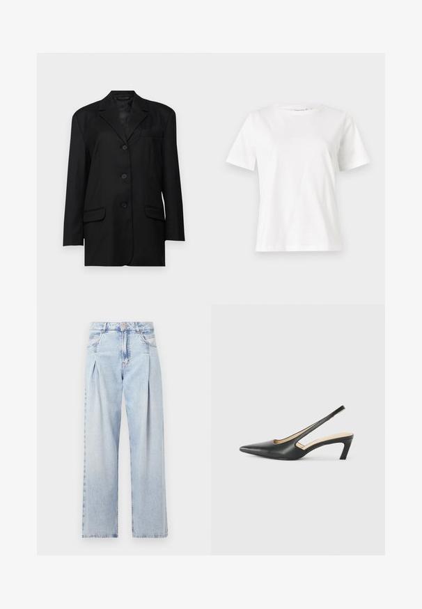 Mustmustükk, millel on lõigatud krae, ühe nööbi sulgemine, kaks esi-taskut ja rinna-tasku; valmistatud siledast kangast, millel on struktuurne kuju.; Valge puuvillane T-särk lühikeste varrukatega, ümmarguse kaelusega ja vabalt istuv. Sile tekstuur, ilma mustrite ja aktsentideta, minimalistik disain.; Heledad sinise denimist valmistatud teksapüksid kõrge vöökohaga, laia jala lõikega, kahe külje taskuga ja pleedi disainiga. Pehme tekstuur ja pleekinud viimistlus.; Must mustaga, terav varvas, madala kontsaga sildiga king, mis on valmistatud siledast nahast ja mille küljel on lõike disain hingavuse tagamiseks.