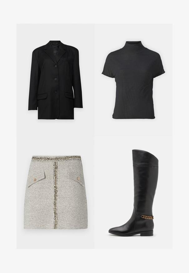 Blazer noir avec un col cranté, fermeture à un bouton sur le devant, deux poches avant et une poche poitrine ; fabriqué en tissu lisse avec une coupe structurée.; Haut noir à manches courtes avec col roulé, fabriqué en tissu léger à la texture lisse et à la coupe ajustée, présentant un col montant.; Jupe en tweed tissé dans un motif à chevrons noir et blanc, dotée de deux poches avant et d'une fermeture éclair dorée à l'arrière avec des bords effilochés.; Bottes en cuir noir hautes au design épuré, avec un bout pointu et un accent en chaîne dorée à la cheville. Talon bas en bloc. Texture lisse.