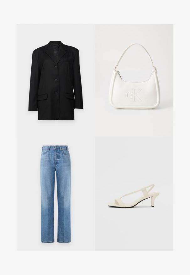 Black blazer with a notched lapel, single-breasted button closure, two front pockets, and a chest pocket; made of smooth fabric with structured shape.; White sleeveless turtleneck top made of soft fabric, featuring a structured design with a smooth texture and subtle ribbed hem detail.; Light blue denim jeans with a straight-leg design, featuring a high waist, five pockets, and visible stitching. The texture is smooth and classic.; Beige block-heeled sandals with thin straps and a square toe. Smooth material with minimal detailing, designed for easy wear.; White leather handbag with a curved shape, featuring an embossed "CK" logo on the front and a single shoulder strap. Zipper closure at top.