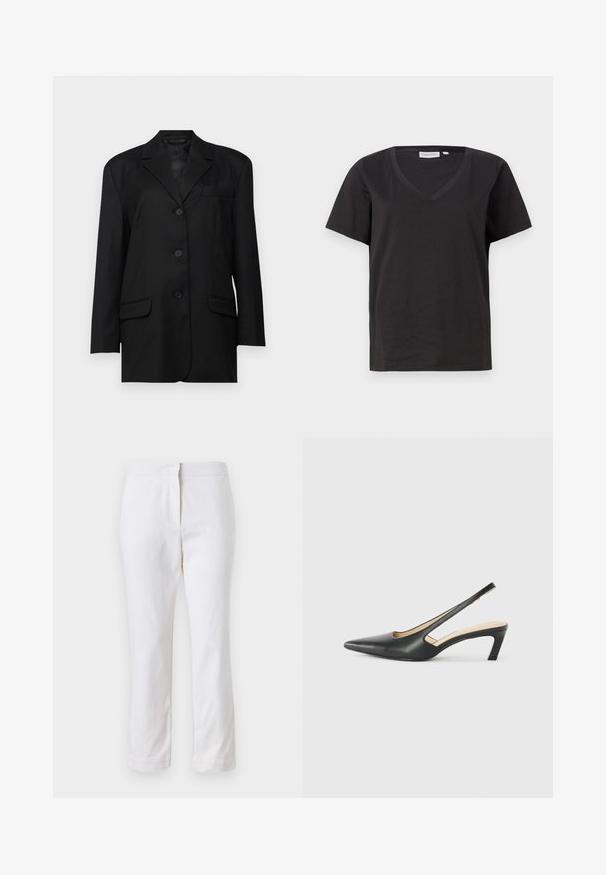 Mustmustükk, millel on lõigatud krae, ühe nööbi sulgemine, kaks esi-taskut ja rinna-tasku; valmistatud siledast kangast, millel on struktuurne kuju.; Must musta T-särk V-kaelusega ja lühikeste varrukatega. Lihtne disain, regulaarne istuvus, ilma mustrite ja aktsentideta.; Valged puuvillased püksid sirge lõikega, keskmise kõrgusega vöökoht ja ilma nähtavate detailide või mustriteta. Ühtlane sile tekstuur.; Must mustaga, terav varvas, madala kontsaga sildiga king, mis on valmistatud siledast nahast ja mille küljel on lõike disain hingavuse tagamiseks.