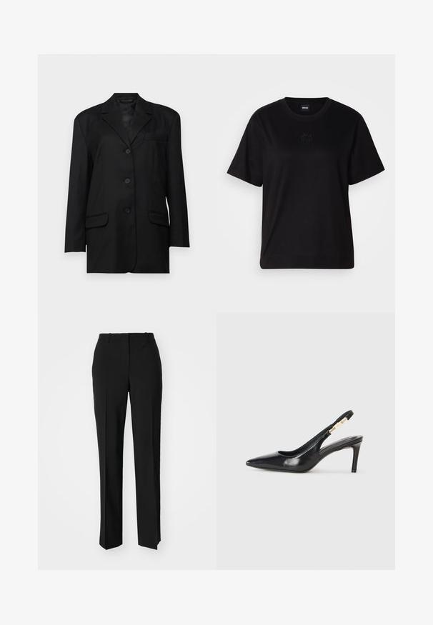 Sort blazer med spidse klapper, enkeltknaps lukning, to frontlommer og en brystlomme; lavet af glat stof med en struktureret form.; Sort bomulds t-shirt med rund halsudskæring, korte ærmer og et broderet logo på brystet. Enkel, afslappet pasform uden mønstre.; Sorte skræddersyede bukser med lige ben-design, der har en glat tekstur og skarpe folder langs fronten. Ingen synlige hardware.; Sort læder slingback højhælede sko med spidse tæer, glat overflade og en smal ankelrem med guldfarvede hardware detaljer.