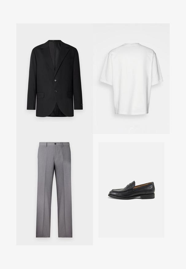 Juodas švarkas su įpjovimu, dviguba sagčių uždarymu, dviem priekinėmis kišenėmis ir viena krūtine kišene. Lygus audinys ir pritaikyta forma.; Balta trumpa rankovėmis marškinėliai, laisvas kirpimas, apvalus iškirpimas, lygaus džinsinio audinio, nepuošta nugara, tiesiai kraštu, be raštų ar akcentų.; Pilkos pritaikytos kelnės su plokščiu priekiu, dviem šoninėmis kišenėmis ir vienu mygtuko užsegimu. Lygi tekstūra su subtiliu dryželiu.; Juodi odiniai loafersai su lygiu paviršiumi, apvaliu pirštu ir dekoratyvine siūlė viršuje. Žemas sustiprintas kulnas ir lengvas blizgesys.