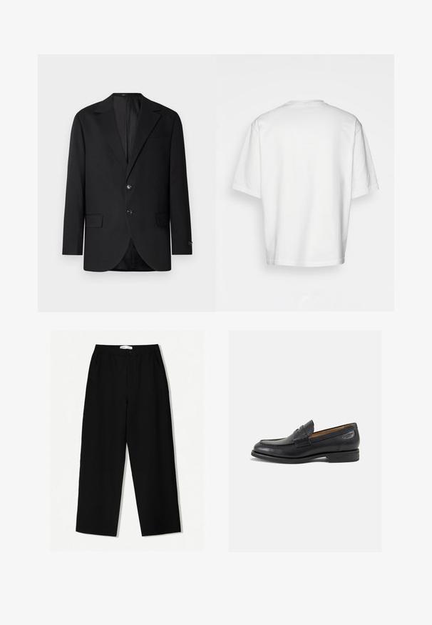 Černý blejzr s klopovým límcem, dvouřadým zapínáním, dvěma předními kapsami a jednou kapsou na prsou. Hladká tkanina a přizpůsobený střih.; Bílý krátký rukáv tričko, volný střih, kulatý výstřih, hladká bavlněná tkanina, nezdobený zadní díl, rovný lem, žádné vzory ani akcenty.; Černé kalhoty s širokými nohavicemi z texturované látky, s elastickým pasem a postranními kapsami. Jednoduchý, minimalistický design bez zdobení.; Černé kožené mokasíny s hladkým povrchem, zaoblenou špičkou a dekorativním prošíváním na svršku. Nízký podpatka a mírný lesk.