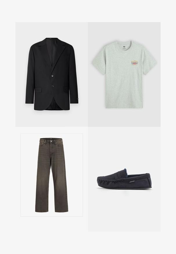 Black blazer with a notch lapel, dual button closure, two front pockets, and a single chest pocket. Smooth fabric and tailored fit.; Gray cotton t-shirt with short sleeves, round neck, featuring multicolored brand logo print on the upper left side. Smooth texture.; Wide-leg jeans in dark grey denim, featuring a high waist, classic five-pocket design, and contrasting stitching along the seams.; Jack & Jones JFWMARK - Moccasins - navy blazer