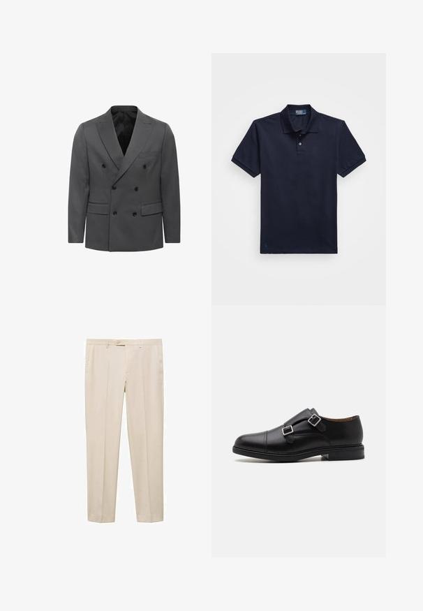 Dwurzędowa szara marynarka w wzór w jodełkę, z klapami, dwoma przednimi kieszeniami i czarnymi guzikami. Podszewka wewnętrzna.; Granatowa koszulka polo z fakturowanej tkaniny, z dwoma guzikami i małym haftowanym logo na dolnym brzegu. Krótkie rękawy.; Beżowe spodnie o prostym kroju, z jedynym guzikiem w pasie, dwiema bocznymi kieszeniami i płaskim przodem.; Czarne skórzane buty na formalne wyjścia, z podwójnym zapięciem na klamry, okrągłym czubkiem, delikatnym przeszyciem oraz płaską, teksturowaną gumową podeszwą.