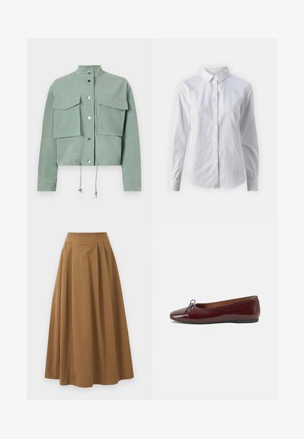 Jachetă verde, cu mâneci scurte, scurtă, având două buzunare frontale și nasturi cu aplicație, dotată cu șnururi la tiv și guler în picioare.; Cămașă albă cu nasturi, confecționată din bumbac neted, având un guler clasic, mâneci lungi și un tiv curbat. Nasturii sunt mici și albi.; Fustă A-line din bumbac maro, cu talie înaltă, având pliseuri pe față și o textură netedă. Marginile sunt finisate curat și simplu.; Balerini din piele patent burgund cu vârful rotund, accent de fundiță mică în față și talpă joasă din cauciuc negru. Textură netedă.