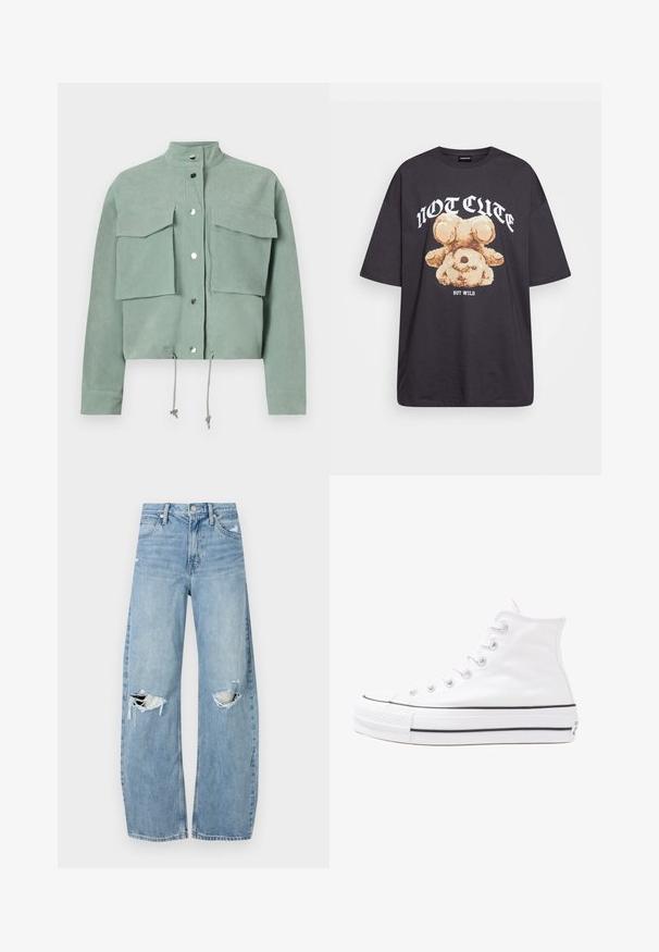 Zielona kurtka z krótkim rękawem, skrócona, z dwoma kieszeniami z przodu i napami, z troczkami na dole i stojącym kołnierzem.; Czarny, oversize t-shirt z grafiką niedźwiedzia i napisem „NIE UROCZY, ALE DZIKI” w grubej, białej czcionce. Materiał bawełniany.; Jasnoniebieskie, wysokiej talii dżinsy wykonane z denimu. Posiadają szerokie nogawki, dwa podarte miejsca na kolanach oraz klasyczne pięć kieszeni.; Białe wysokie trampki z płótna z czarną gumową podeszwą, przednim czubkiem z gumy i sześcioma dziurkami na sznurowadła, charakteryzujące się prostym, minimalistycznym designem.