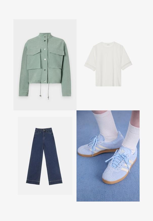 Lühikeste varrukatega, lühendatud rohelise jope kahe esisevaga ja nööbitegijatega, millel on alumises servas nöörid ja püstine krae.; Valge lühikese varrukaga T-särk, mis on valmistatud puuvillast, kaunistatud pitsiga varrukate ääres ja ümmarguse kaelusega.; Laiad püksid tumedast sinisest denimist. Omab viit taskut, vöölõke ja toore äärega allosas, kus on nähtavad õmblused.; Heledad sinine seemisneakerid valgete triipudega, lamedate paeltega ja kaaliumkummist tallaga. Valged soonikkoes sokid on kantud üle pahkluude.