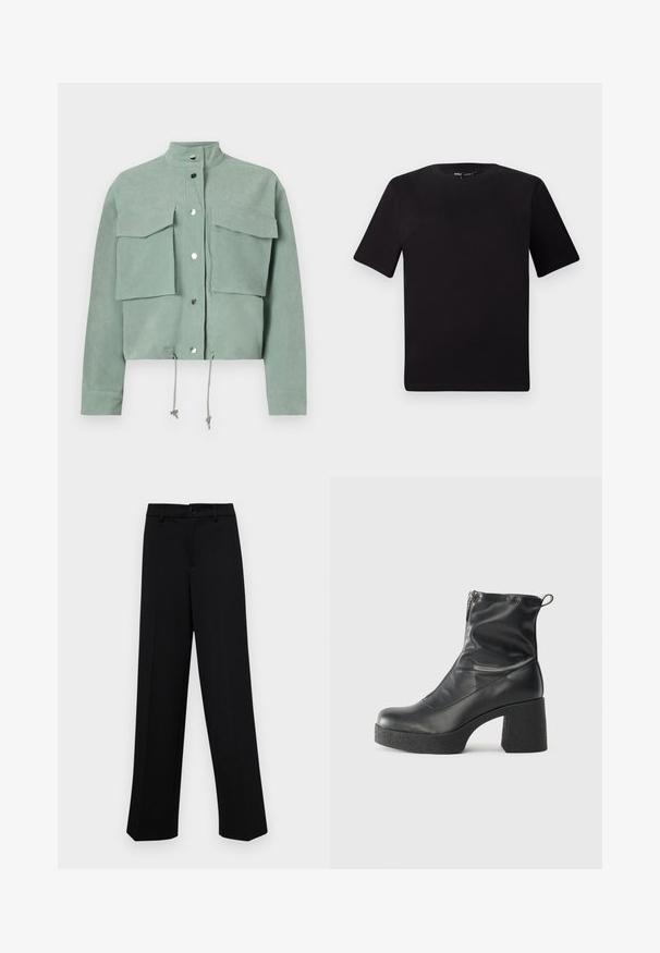 Short-sleeved, cropped, green jacket with two front pockets and snap buttons, featuring drawstrings at the hem and a stand-up collar.; Black short-sleeve t-shirt with a round neckline, crafted from soft cotton fabric. Simple design, no visible logos or patterns.; Black wide-leg trousers made of smooth fabric, featuring a classic waistband with a button closure and front pleats.; Black ankle boots made of smooth leather, featuring a side zipper, chunky textured heel, and rounded toe design.