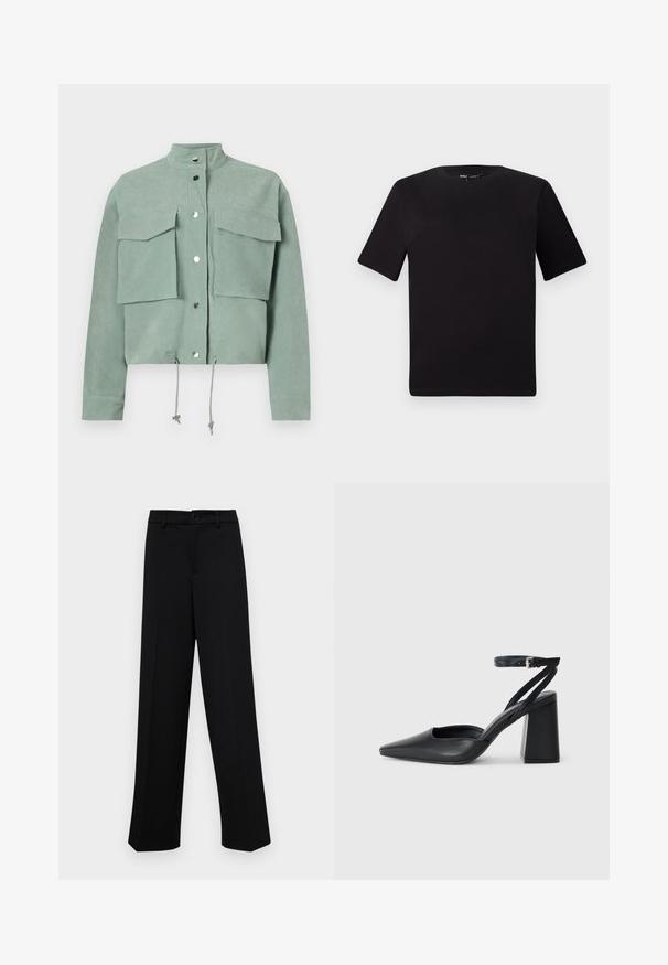 Short-sleeved, cropped, green jacket with two front pockets and snap buttons, featuring drawstrings at the hem and a stand-up collar.; Black short-sleeve t-shirt with a round neckline, crafted from soft cotton fabric. Simple design, no visible logos or patterns.; Black wide-leg trousers made of smooth fabric, featuring a classic waistband with a button closure and front pleats.; Black leather pointy-toe pump with an ankle strap and a chunky heel. Flat texture, sleek design, and minimalistic aesthetics.