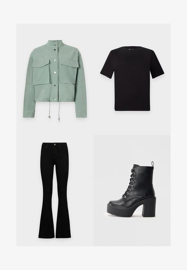 Vihreä, lyhythihainen, lyhennetty takki, jossa on kaksi etutaskua ja nepparipainikkeet, sekä nyörit himmeessä ja pystykaulus.; Musta lyhythihainen t-paita pyöreällä kaula-aukolla, valmistettu pehmeästä puuvillakankaasta. Yksinkertainen malli, ei näkyviä logoja tai kuvioita.; Mustat korkeavyötäröiset farkut nappi- ja vetskariyläosalla, etutaskuilla ja levenevillä lahkeilla, asetettuna tasaisesti valkoista taustaa vasten.; Musta nahkasaapas nilkkamittaisella, paksulla korokepohjalla, nyöritettävällä etuosalla ja tekstuuripinnalla. Takana on lenkki helppoa pukemista varten.