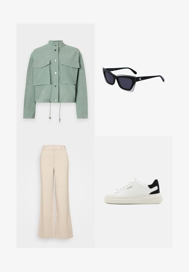 Kortærmet, cropped, grøn jakke med to foran lommer og trykknapper, med snoretræk i kanten og stående krave.; T-shirt i bomuld med vandrette marineblå striber på en hvid baggrund. "Tommy Hilfiger" broderet i kursiv på brystet. Rund hals.; Beige vidde bukser med en glat overflade, der har en høj talje og to forlommer. Renset design med en skræddersyet pasform.; Hvide lædersneakers med en tyk hvid sål, sort ruskindhælvægt og prægede logoer på siden. Snørebåndsdesign med seks øjer.; Store sorte oversized solbriller med geometrisk form, med mørke linser og en kontrasterende grå detalje på stellet. Logo på armen.; Sølv hoop øreringe med en glat, skinnende overflade. Rundet form, letvægtsdesign med post-back lukning.