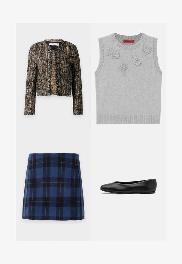 Textúrovaná bunda v čiernej a béžovej farbe s ofrkanými okrajmi, s otvoreným predným dielom a dlhými rukávmi; vyrobená z tkaniny s miernym leskom.; Svetlošedý bezrúkový sveter s vrúbkovaným výstrihom a lemom. Na prednej strane sú umiestnené tri textúrované kvetinové aplikácie. Značka: MAX&Co.; Kockovaná mini sukňa v tmavomodrej a námorníckej farbe, vyrobená z mäkkého materiálu s jemne štruktúrovaným povrchom. Má rovný strih a čisté línie.; Paul Smith TOPANGA - Balerínky - black