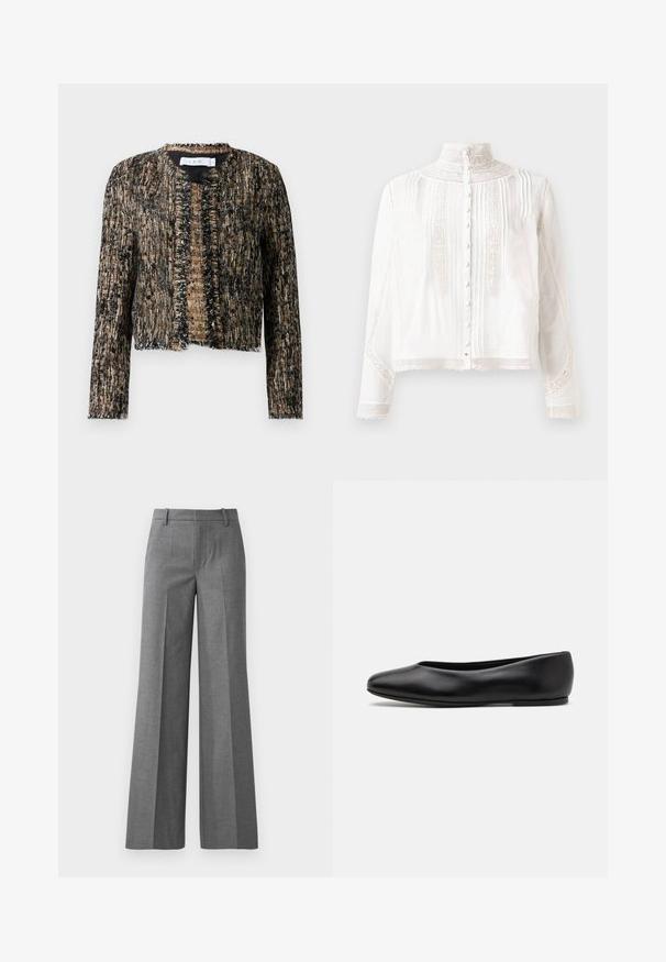 Textured jacket in black and beige with frayed edges, featuring a open front and long sleeves; crafted from a woven, slightly shiny material.; White blouse with high neck, long sleeves, vertical pleats, lace accents, and button closure down the front. Lightweight fabric with semi-sheer texture.; Gray wide-leg trousers in a textured fabric. Features front pleats, a fitted waist, and a polished finish, ideal for formal settings.; Paul Smith TOPANGA - Ballet pumps - black