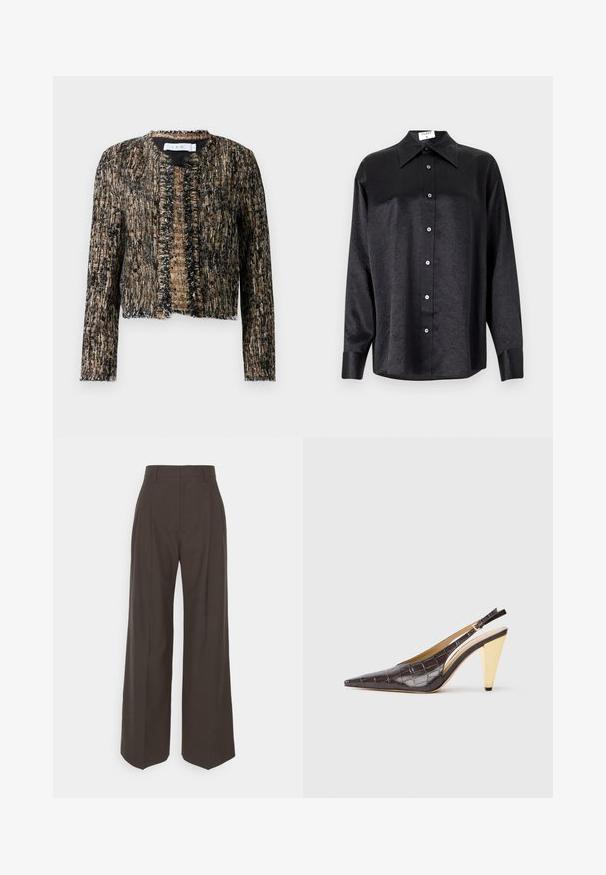 Juodai ir smėliniai tekstūruoti švarkai su nuskaldytais kraštais, atviru priekiu ir ilgomis rankovėmis; pagaminti iš audinio, kuris yra šiek tiek blizgus.; Juodas ilgarankovis marškinis su apykakle, turintis plėšyta tekstūra, visiško mygtukų uždarymo priekyje ir rankogaliais. Pagamintas iš lygaus audinio.; Tamsiai rudos platėjančios kelnės su aukštu liemeniu, pasižyminčios tvarkingai prispaustomis raukšlėmis, lygia tekstūra ir pritaikytu siluetu.; Ilgas pirštas slingback kulnas tamsiai rudos spalvos blizgios dirbtinės krokodilo odos. Savybė – aukso spalvos geometrinės formos kulnas ir reguliuojama kulkšnies juosta.