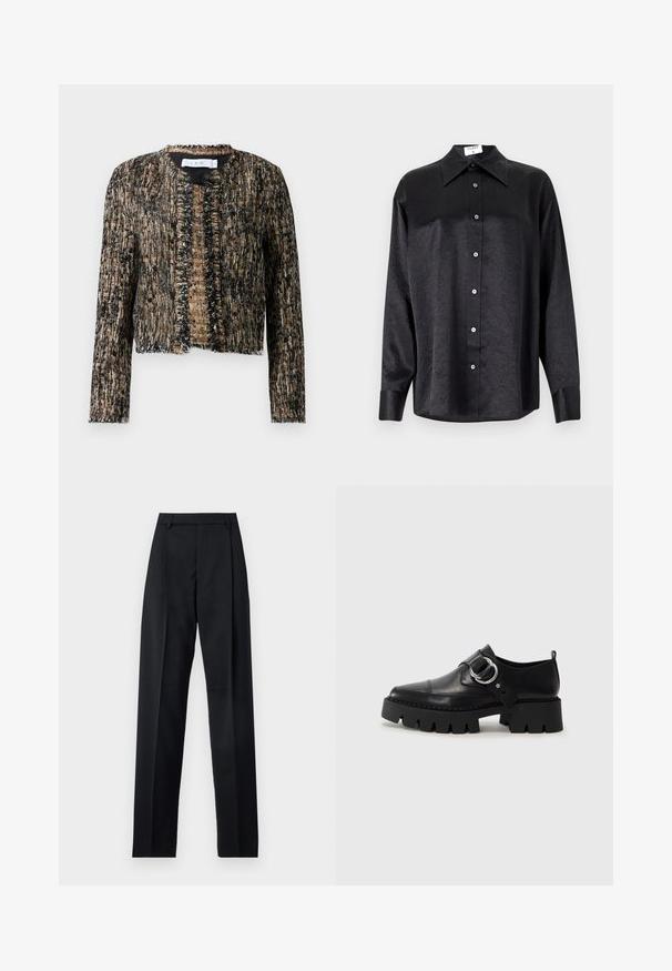 Stručni kaput u crnoj i bež bojama s razapetim rubovima, s otvorenim prednjim dijelom i dugim rukavima; izrađen od tkanine s lagano sjajnim završetkom.; Crna košulja dugih rukava s ovratnikom, s naboranom teksturom, potpuno dugmadi naprijed i manžetama. Izrađena od glatkog materijala.; Crne hlače od glatkog materijala s visokim strukom, širokim nogavicama, prednjim pregibima i klasičnim petljama za remen. Nema vidljivih bočnih džepova.; Crne kožne cipele s debelim, rebrastim potplatom, koje imaju okrugli srebrni detalj i minimalne šavove.