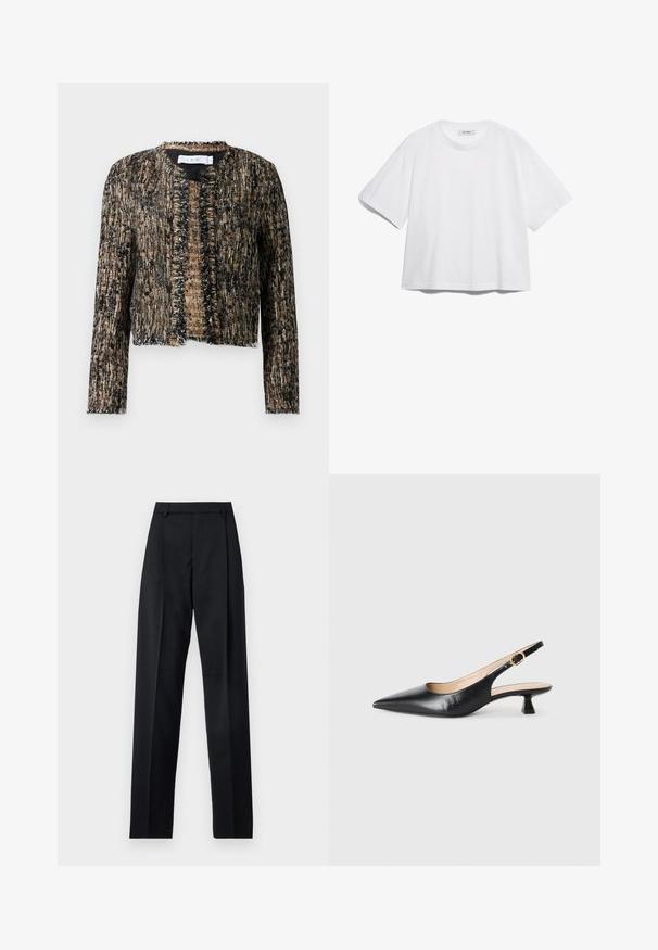 Texturerad jacka i svart och beige med fransade kanter, med öppen fram och långa ärmar; tillverkad av ett vävt, lätt glänsande material.; Vit bomullströja med korta ärmar, rund halsringning, avslappnad passform och inga synliga mönster eller grafiska element. Slät textur och enkel design.; Svarta byxor i mjukt tyg med hög midja, vida ben, framfickor och klassiska bältesöglor. Inga sidofickor synliga.; Svart läderslingback-sko med kitten heel och spetsig tå, samt guldspänne på sidobandet, på vit bakgrund.