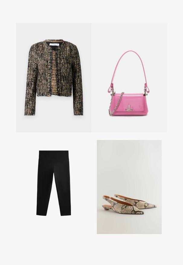 Texturierte Jacke in Schwarz und Beige mit ausgefransten Kanten, offenem Vorderteil und langen Ärmeln; aus einem gewebten, leicht glanzenden Material gefertigt.; Schwarzes Langarmoberteil mit gerippter Textur, auf dessen Vorderseite große pinkfarbene Lilien und grüne Blätter gedruckt sind. Leichtes Material.; Schwarze Sportleggings mit hohem Taillenbund, glattem Material und figurbetontem Schnitt, designed für Bewegungsfreiheit und Komfort.; Next REGULAR FIT FOREVER COMFORT POINT TOE - Sling-Ballerina - snake; Rosa lackierte Handtasche mit rechteckiger Form, abnehmbarer Kettenriemen und silbernen Hardware-Details auf der Vorderseite.