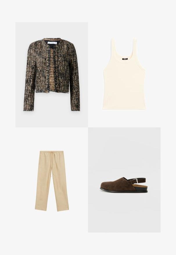 Teksturering jakkesæt i sort og beige med flosset kanter, med åben front og lange ærmer; lavet af et vævet, let glinsende materiale.; Lys beige tanktop lavet af ribbet stof, med rund halsudskæring og brede stropper, i en tætsiddende pasform og minimal pynt.; Lys beige, løstsiddende bukser med elastisk talje og snøre. Har to sidelommer og en glat overflade.; Brune ruskinds slip-on sko med lav hæl, en justerbar rem med en sølv spænde og en sort gummisål.