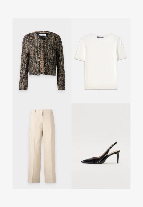 Juodai ir smėliniai tekstūruoti švarkai su nuskaldytais kraštais, atviru priekiu ir ilgomis rankovėmis; pagaminti iš audinio, kuris yra šiek tiek blizgus.; Baltas trumpas rankovėmis megztinis su apvaliu kaklu, pasižymintis lygia tekstūra ir subtiliais raštuotais akcentais rankovėse bei apykaulyje.; Bežinės lininės kelnės su laisvu kirpimu, preguldyta priekyje ir tiesiomis kojomis. Savybės: juosmuo su diržo kilpomis ir be matomų kišenių.; Juodas lakinės odos slingback batelis su smailiu nosiu, plonu kulnu ir subtiliu išpjovos dizainu. Yra auksinė sagtis ant dirželio.